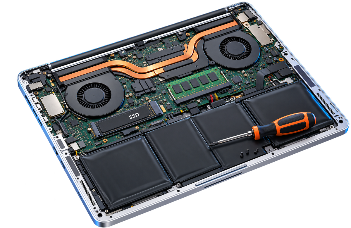 분해된 노트북 내부 — 메인보드, 쿨링팬, SSD, RAM, 배터리